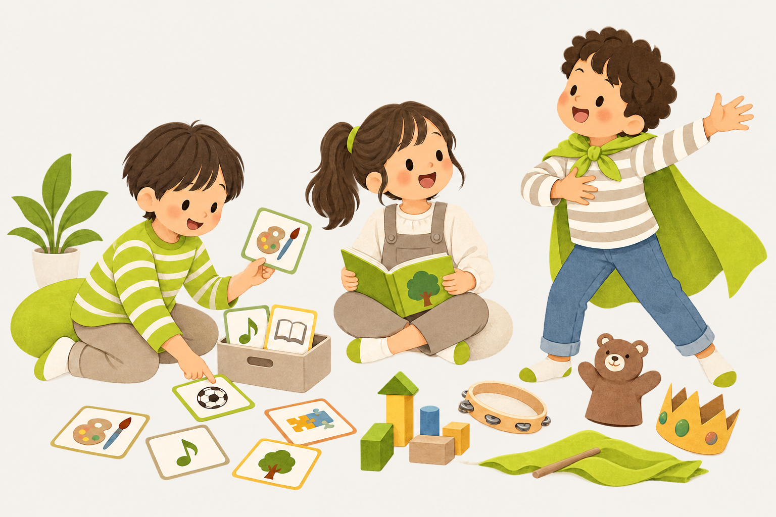 絵カード、読書、劇遊びなど、それぞれが選んだ活動を楽しむ子どもたちのイラスト